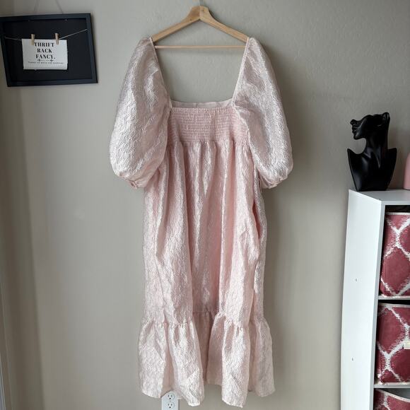 NEW Anthropologie Dress Pink Textured Puff-Sleeve Square Neck Midi Dress Size XL - Picture 7 of 10